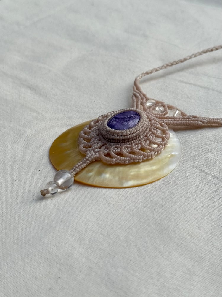 Image of Macrame necklace with charoite stone and clear quartz beading 