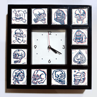 Image 2 of Blue/Red Linocut Skull clock