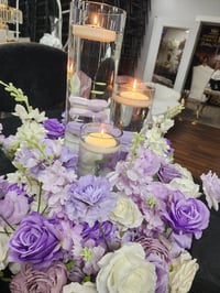 Image 2 of 60 cm White and lavender Flower Ring  with cylinder glass vase $50 for the set 