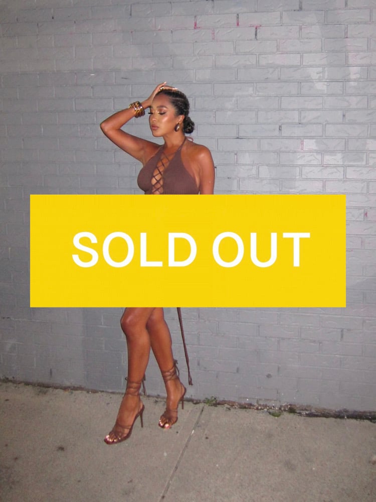 Image of BROWN RIBBED MINI DRESS WITH CRISS CROSS STRAPS (S/M)