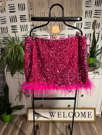 Image 1 of Fashion Nova pink sequins crop top and mini feather skirt set 
