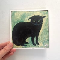 Image 4 of Small square art print ‘Jeff’ (black cat with ears down) free custom option available