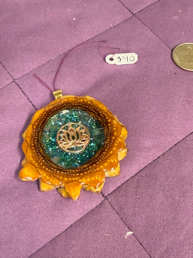 Image of  Lotus Flower Pinecone Charm with Crushed Glass Center | Handmade PNW Jewelry | #97