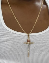 Image 2 of 14k EP Rope Chain Two Tone Double Rope Chain Layered Necklace & Pendant Set (St.Michael/ Cross)