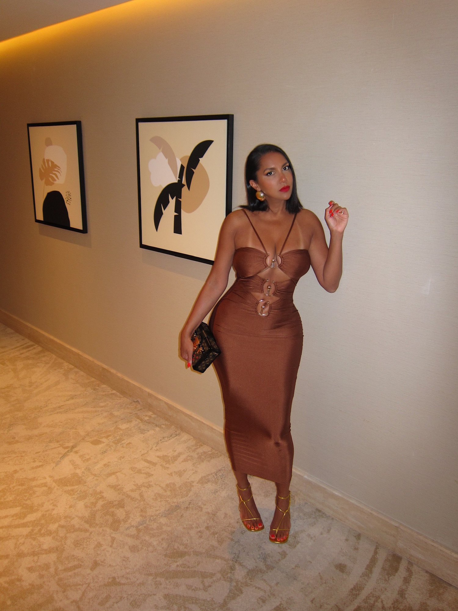 Image of BROWN SPANDEX CUT-OUT MIDI DRESS (XS)