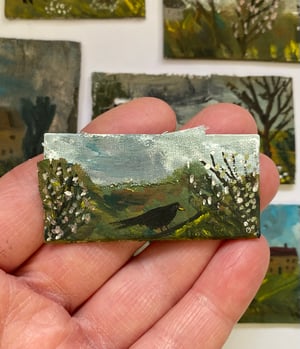 Image of Blackbird and blossoms - tiny painting