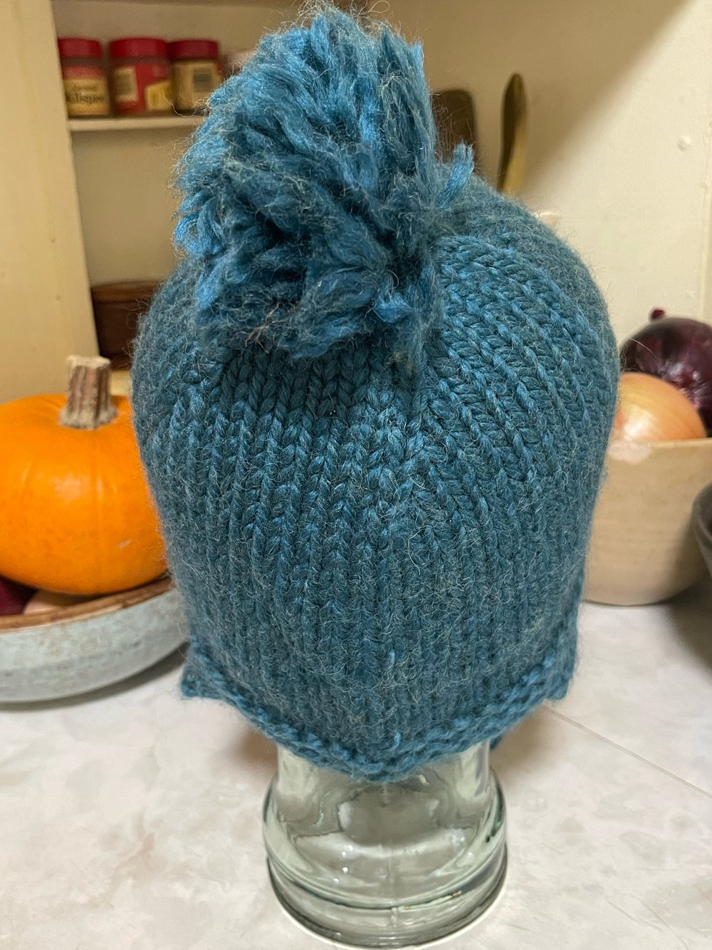 Blue Hand Knit Winter Hat with PomPom And Tie Cords