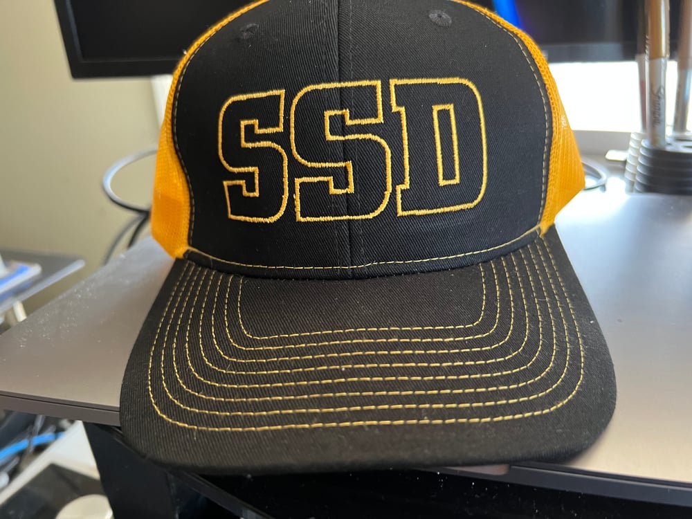 Gold SSD Outline Logo Black and Gold Trucker Snapback Cap