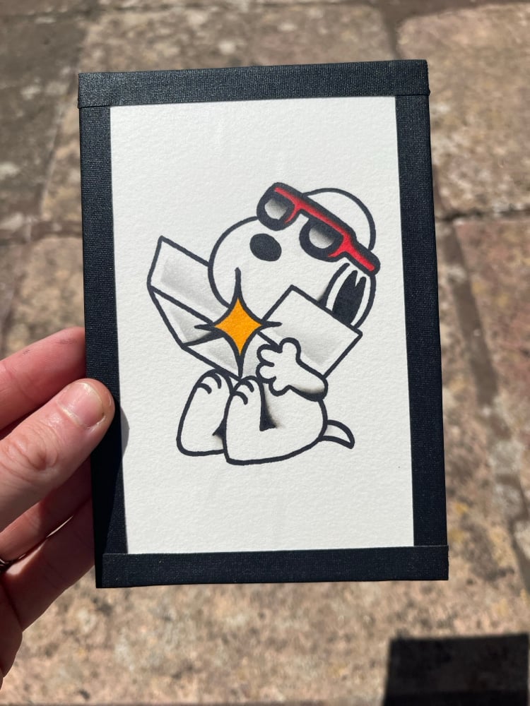 Image of “Sun Worship” snoopy 6x4 tape framed original  