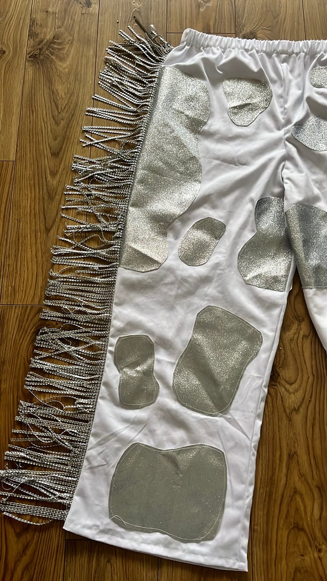 SPARKLY GLITTER SPACE GIRL COW trousers WITH RHINESTONE TRIM & belt