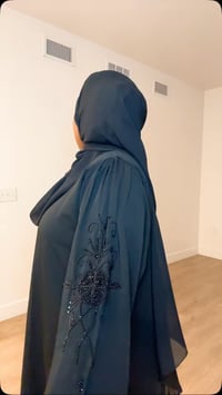 Image 4 of Black to black Rihana glitter hand blossom open Abaya
