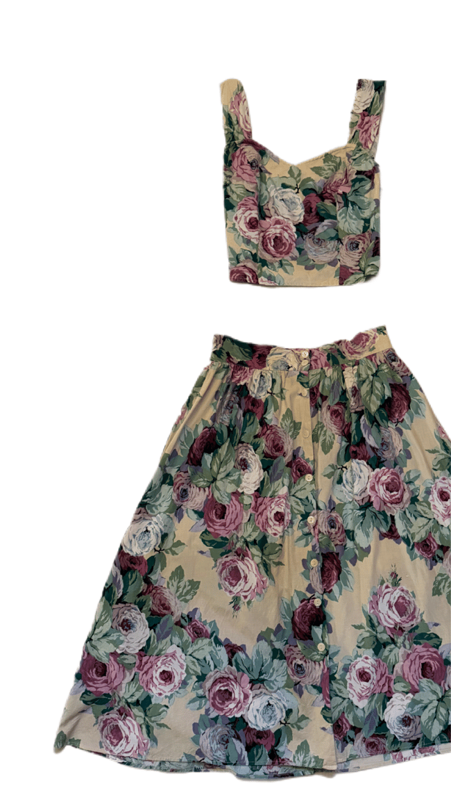 vintage cotton floral crop top and skirt set 70s tank 