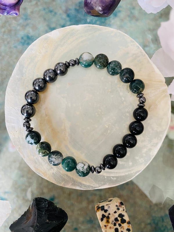 Image of Moss Agate, Hematite, & Black Tourmaline 8mm Mens Bracelet