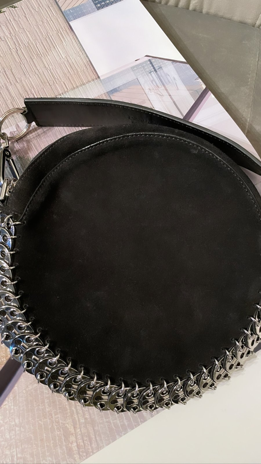Paco Rabanne Circle Suede Bag パコラバンヌ メタル Paco Rabanne Suede rounded bag | Trunk Show Designer Consignment