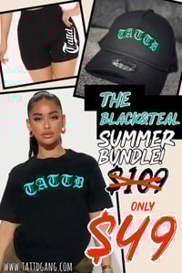 60% off!!! BLACK&TEAL TATTD OG TEE + BLACK&TEAL CAP + BIKER SHORTS BUNDLE!!! 🖤🩵