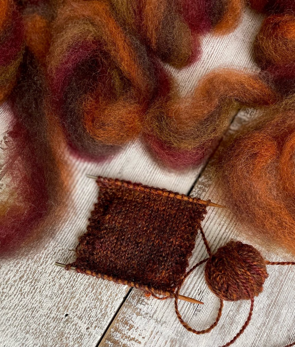 2.5 oz. • Pumpkin Spice roving: on Romney & Romney Hogget from Iron Water Ranch