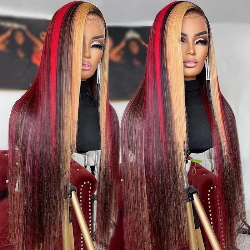 Image of Glueless 180% density Highlight Blonde Red 13X4 Body Wave Lace Front Wig Human Hair Pre Plucked 