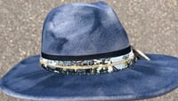 Image 3 of Handmade Blue Painted Panama Hat Multi Blue/Black Band Feather