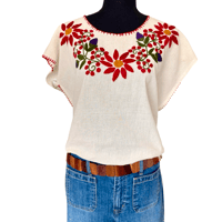 Image 6 of Vintage Traditional Cotton Hand Embroidered Red Floral Peasant Top- Made in Mexico 