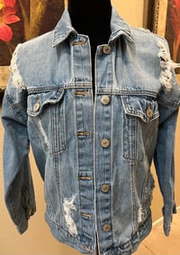 Image 2 of Vintage Blue Distressed Denim Jacket “I Don’t Always Drink Whiskey”