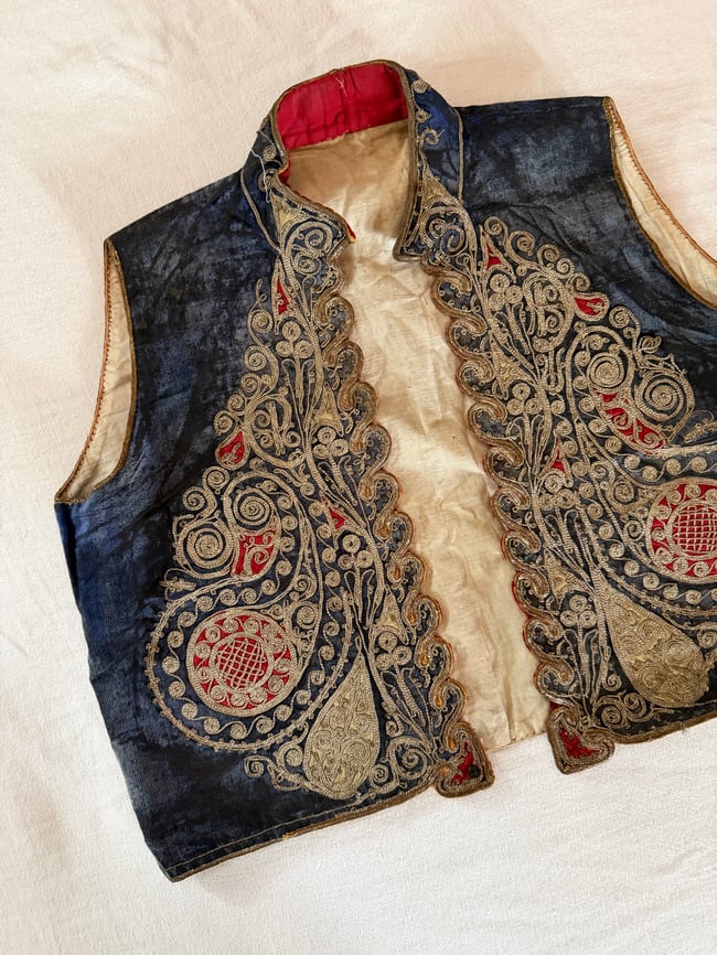 antique Ottoman embroidered silk velvet vest waistcoat metallic