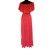 Image 4 of 70s Boho Style Deep Coral Off the Shoulder Cotton Gauze Maxi Dress - Medium