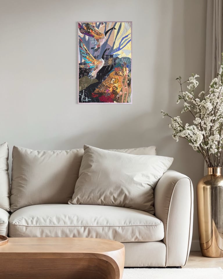 "Let's fly on" - 73x48 cm, art quilt with birds Image 13