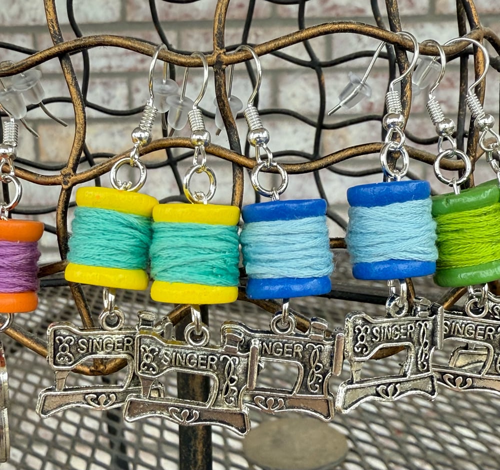 Image of Mini Thread Spool Sewing Machine Earrings