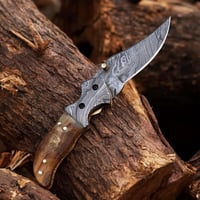 Image 3 of 9" Handmade Damascus Steel Folding Pocket Knife with Ram’s Horn Handle & Cowhide Leather Sheath