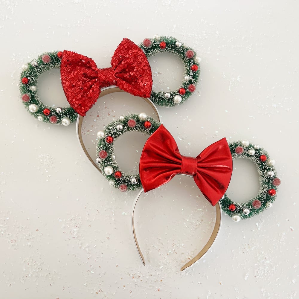 Image of Wreath Ears with Red Glam Bow - PREORDER