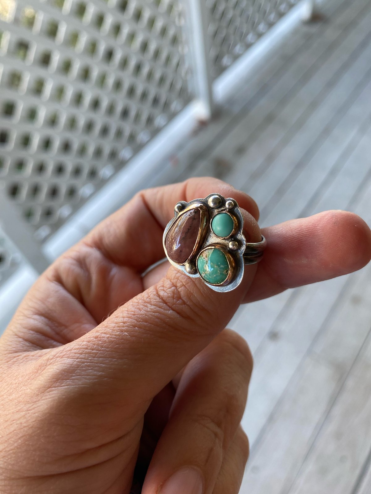 ITEM #672 Q.T. .925 Mosaic inlaid turquoise ring outlet