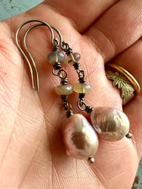 Image 2 of pinkish baroque pearl and opal earrings