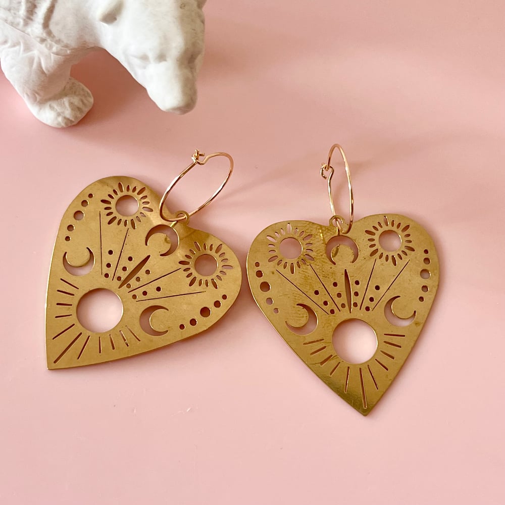 Large Brass Heart Statement Earrings / Penny Foggo