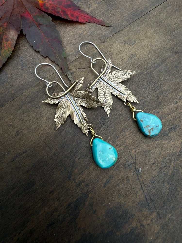 Image of Brass Japanese Maple Leaf Turquoise Earrings
