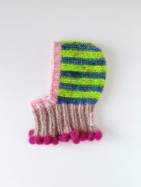 Image 6 of Sofie and Iris Striped Dark Navy, Neon Green, Light Brown, Light and Dark Pink Mohair Balaclava