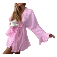 Image 4 of White Long Sleeve Pajama Nightgown with Tie Waist and V-Neckline for Loungewear and Nightwear