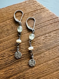 Image 1 of prehnite and pearl sterling silver charm earrings