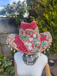 Image 1 of Dolly cowboy hat - recycled sari fabric Dark Red and green