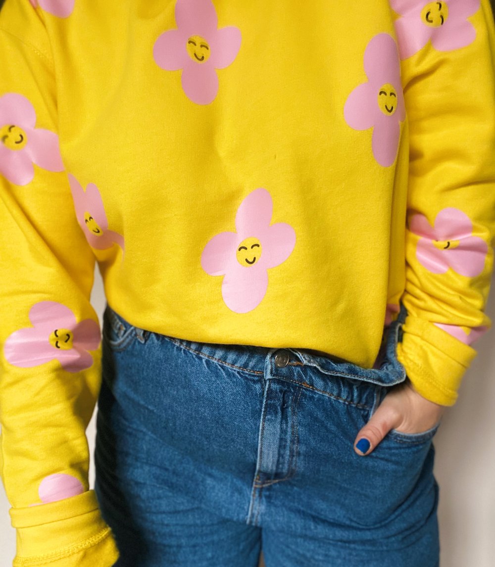 Image of Lazy Daisy yellow sweater adults and kids 