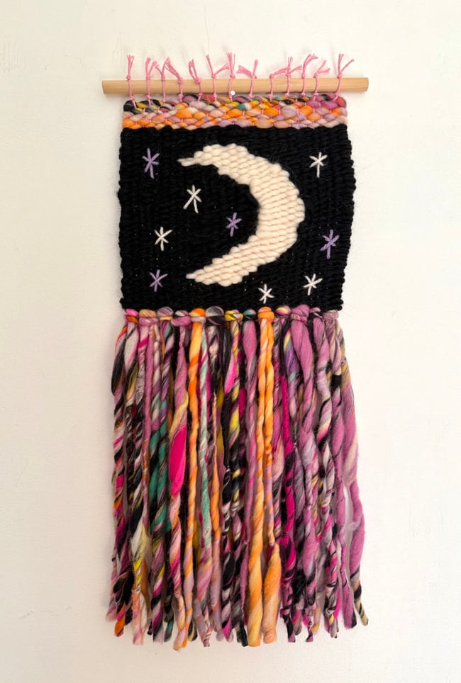 Night moon and stars. Woven wall hanging.