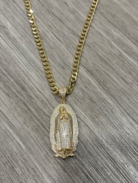 Image 2 of Iced Out St Mary Pendant Necklace 7mm Cuban Chain 24” | 14K Gold Plated Virgin Mary Necklace |