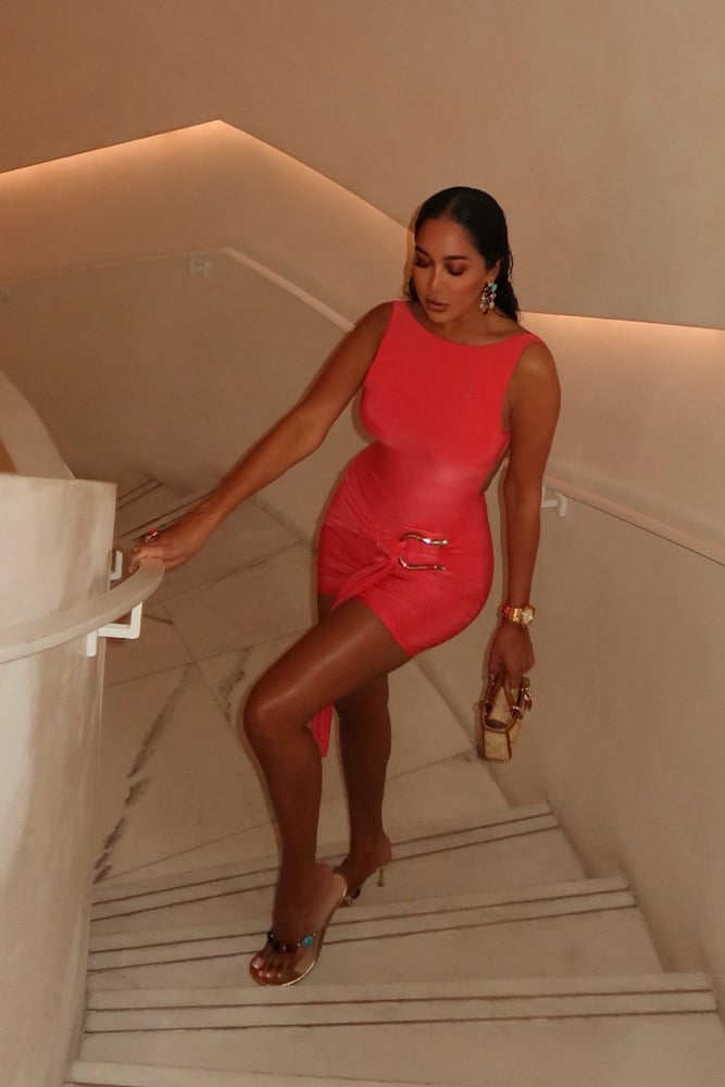 Image of CORAL BACKLESS MINI DRESS WITH DRAPED DETAIL (XS)
