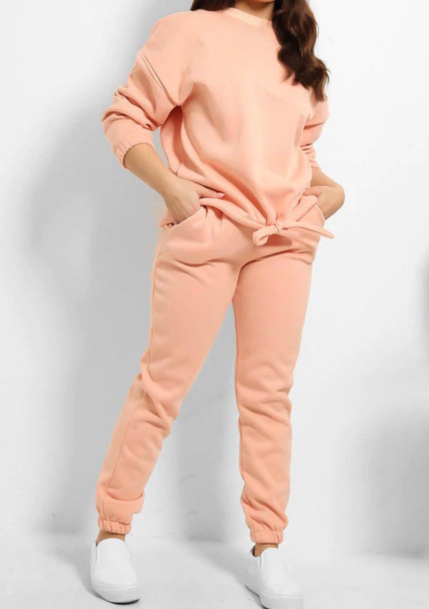 Image of Pink fleece tie up sweatshirt and joggers tracksuit set 