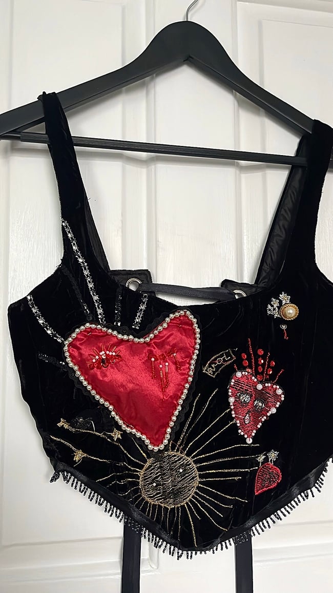 Handmade Heavy Embellished Heart Valentines Velvet Corset