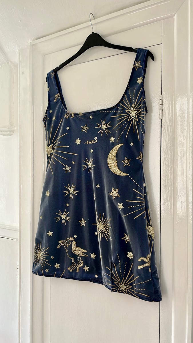 Sparkly Horse, Star, Sun And Moon Glitter Detail Navy Dress