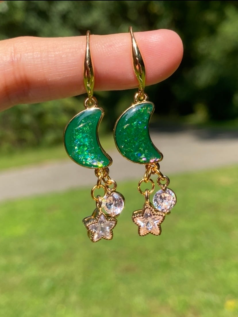 Image of Celestial Green Sky hook earrings ✨✨🌙✨