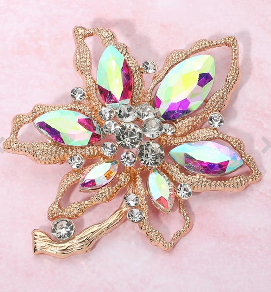 Image of Marquise Glass Stone Textured Metal Flower Pin Brooch
