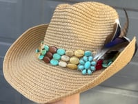 Image 2 of Brown Crushable Cowboy Hat Layered Bead Band Feathers