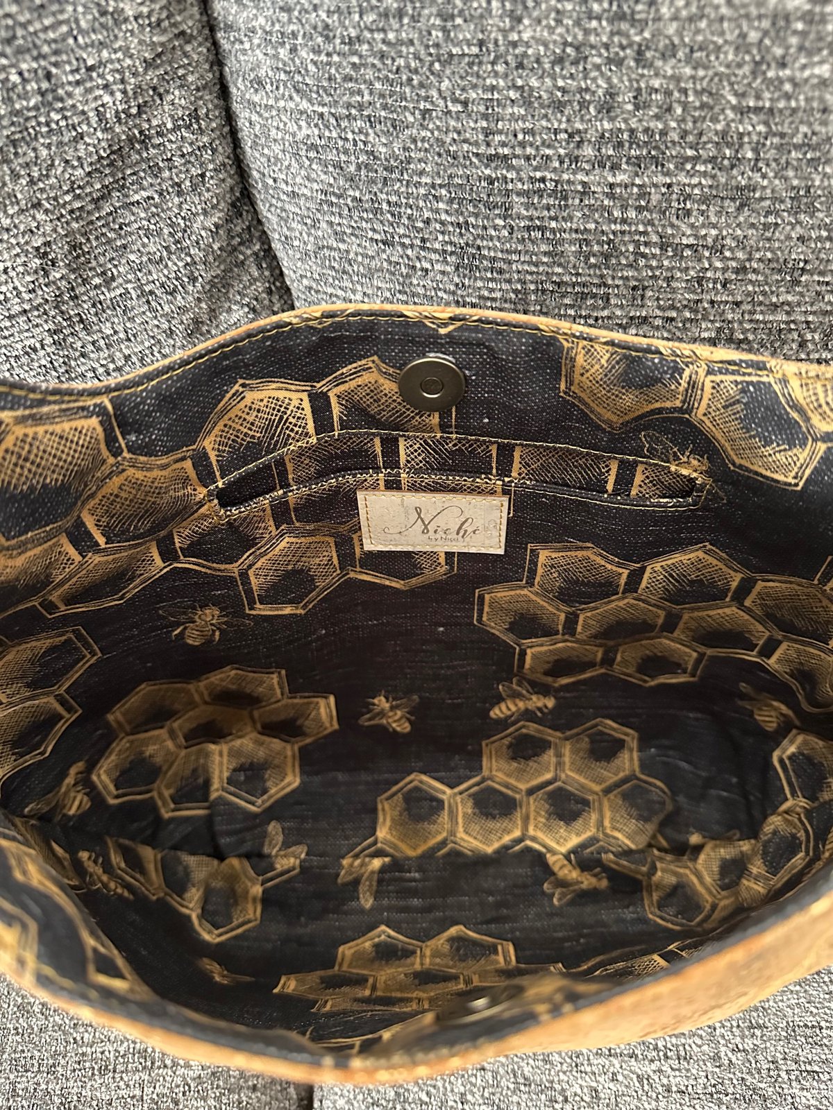 Boho Estrella Bag in Gold Flecked Natural Cork & Custom Bee Print Lining
