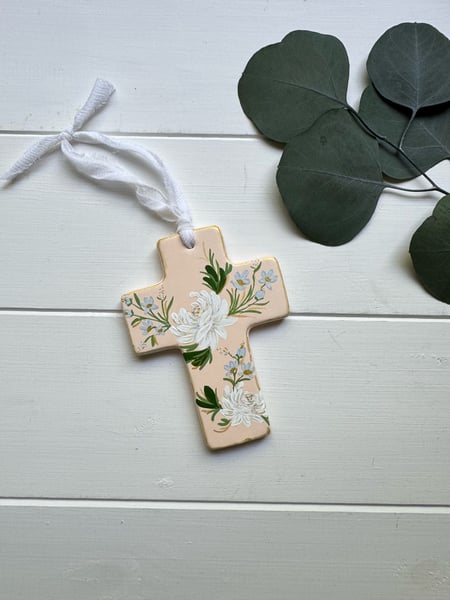 Image of Ceramic Cross Ornament - Pink/White Floral